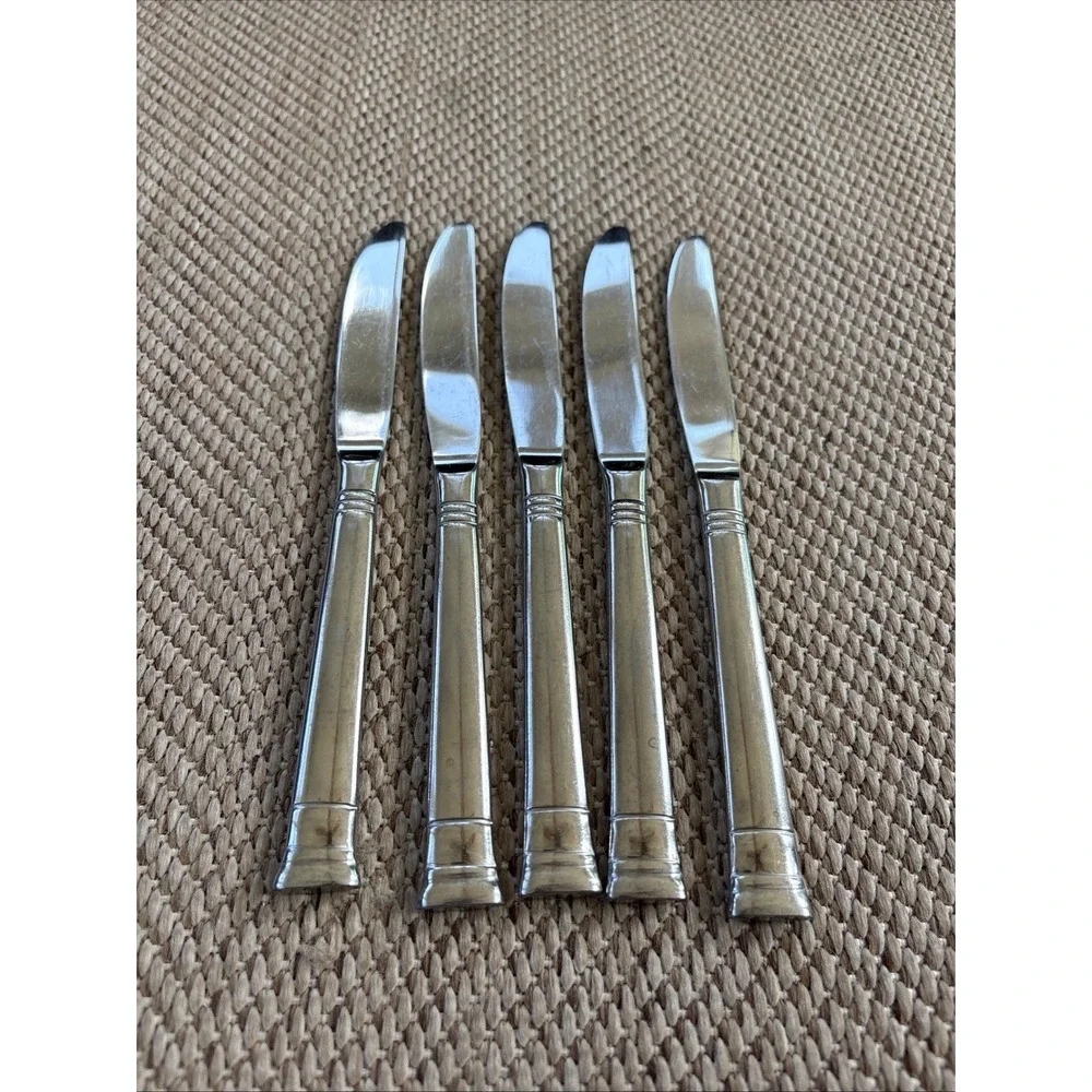Oneida Set Of 5 Sunnybrook Dinner Knives Stainless Glossy  Bands At Tip